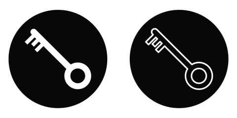 Silhouette key icon set on isolated white page. Black isolated vector key icon set on white background. Dark black circle key icon silhouette. Unlock keyword signs set on white page.  