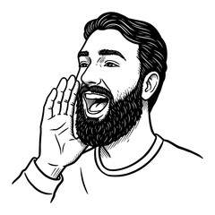 Wall Mural - happy man with stubble thin beard shouting with hand near mouth communicating black and white outlin