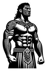 Wall Mural - muscular maori tribe man with traditional tattoos proud strong in black and white outline line art d