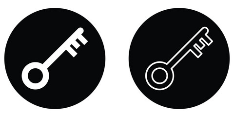 Unlock keyword signs set on white page. Silhouette key icon set on isolated white page. Black isolated vector key icon set on white background. Dark black circle key icon silhouette. 
