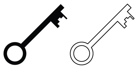 Unlock keyword signs set on white page. Silhouette key icon set on isolated white page. Black isolated vector key icon set on white background. Door key icon set. 