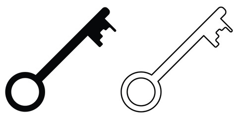 Unlock keyword signs set on white page. Silhouette key icon set on isolated white page. Black isolated vector key icon set on white background. Door key icon set. 