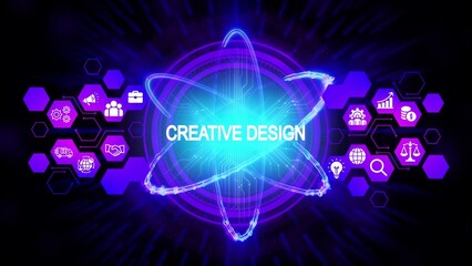 Abstract atom with glowing orbits and business icons on dark background science technology