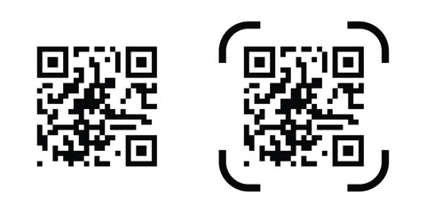 Modern black QR code icon on clean white background. QR code scan for smartphone. QR code for payment. Scan QR code symbol. Modern black QR code vector graphics