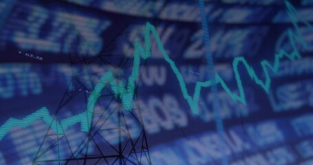 Wall Mural - Displaying aqua-colored line graph fluctuating over dashboard, with ticker and lattice grid
