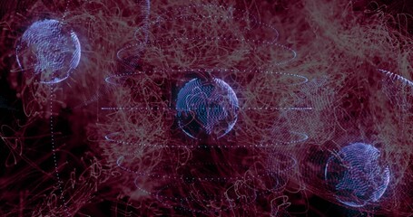 Wall Mural - Displaying central holographic blue globe rotating in virtual space with red trails, nodes, points
