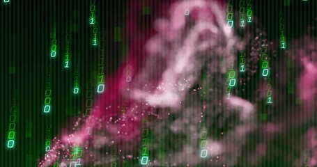 Wall Mural - Swirling pink and magenta particle cloud moving in data field, with glowing green binary digits