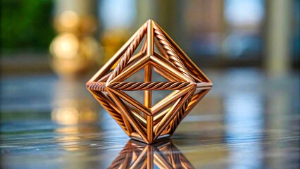 Copper geometric sculpture with abstract diamond shape on reflective surface
