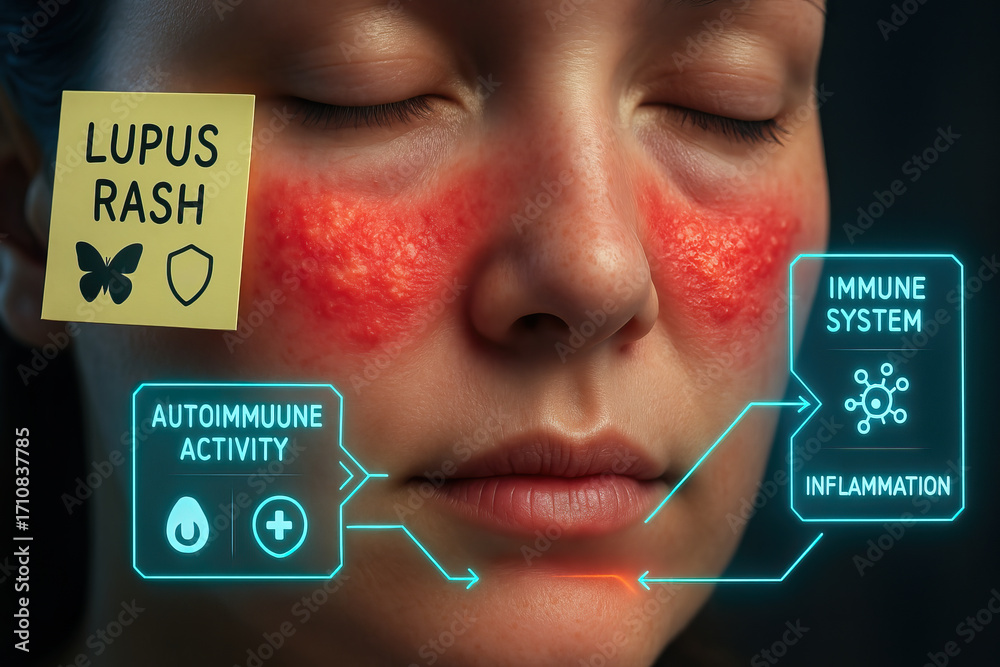 Lupus rash on cheek and nose bridge with red inflammation and ...