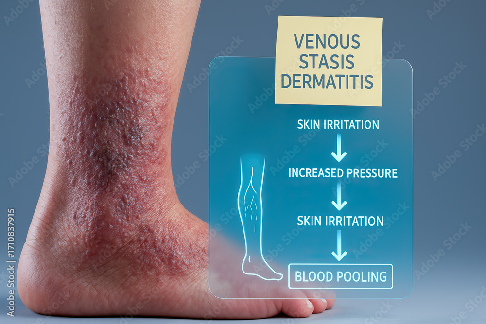 Venous stasis dermatitis on lower leg with red inflamed skin, rash and ...