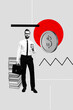 © deagreez - 3D photo collage template trend sketch of young businessman stand hand hold cup drink coin pile book currency cash wealth finance trade