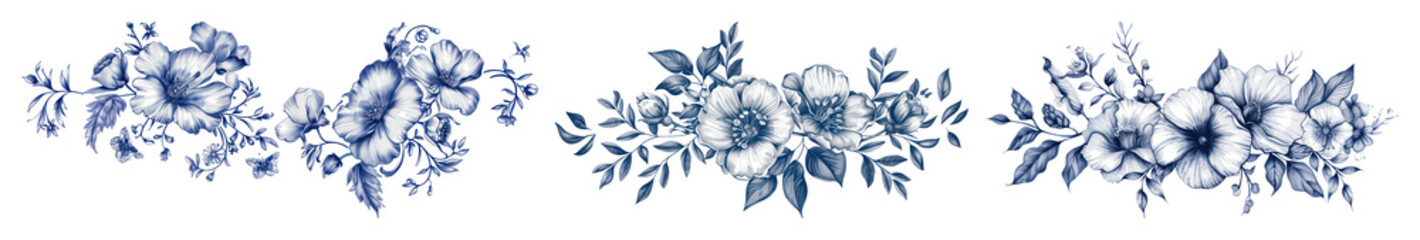 Wall Mural - PNG Elegant floral blue line art, element set on transparent background