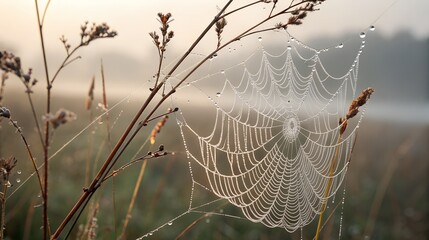 Dewdrops on Spiderweb in Morning Mist water droplets