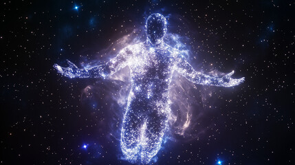 Human figure floating in starry space, surrounded by swirling energy and sacred geometry, concept of life purpose and universal alignment, palette of indigo, violet, and silver, mystical tone