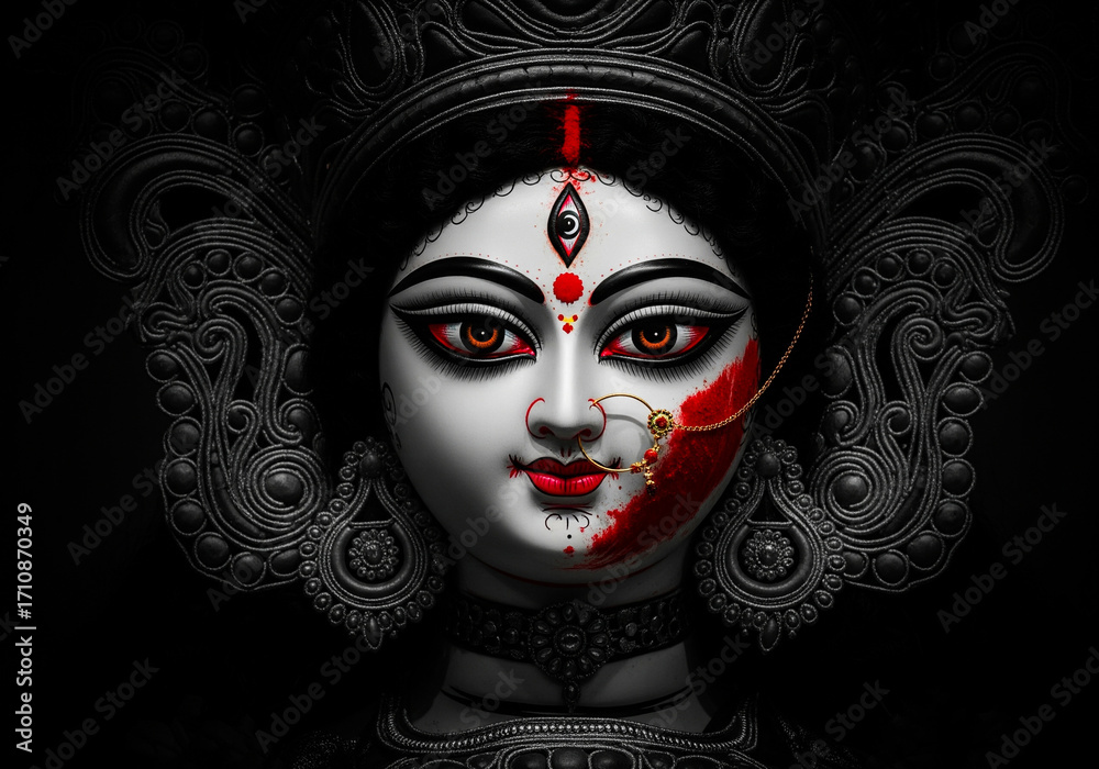 Goddess Durga face black and white, and red vermilion on durga face ...
