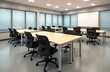 © Vadym - Empty modern classroom, meeting room, office space. Light wood tables, black ergonomic chairs on wheels. Frosted windows, whiteboard, bright ceiling lights. Contemporary design area for education,