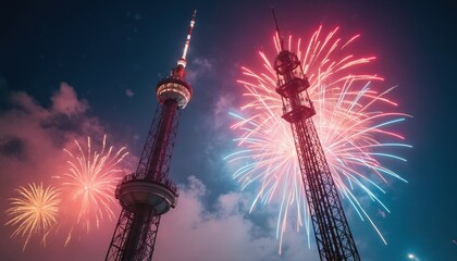 Two tall towers glow at night with colorful fireworks exploding in the dark sky. Celebration event with pyrotechnic show. Festive atmosphere, urban landscape.