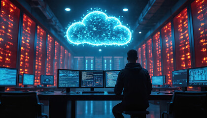Person sits front of multiple monitors in server room. Cloud computing concept is illustrated. Tech specialist works with data center servers. Artificial intelligence, big data, modern IT.