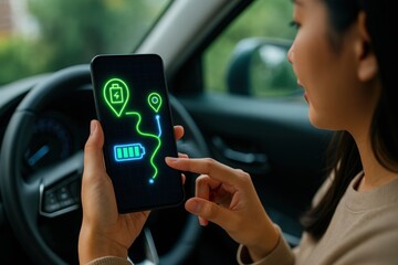 a woman in a car using a smartphone with navigation on screen. The screen displays a route with the battery icon