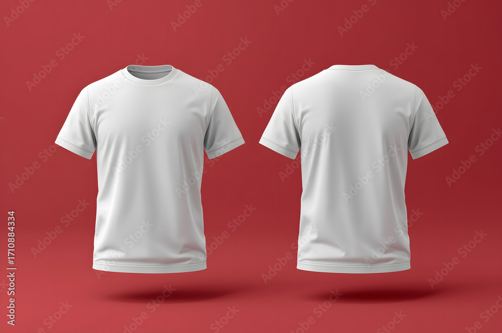 Blank white t shirt mockup with front and back views on a red ...