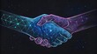 © Muhammad - futuristic handshake between two digital networks with glowing blue and pink plexus lines, symbolizing artificial intelligence collaboration in space with stars