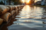 Sandbags form barrier against flood waters on suburban street at sunset. Water reflects golden light near houses and parked car. Emergency flood defense in residential area.