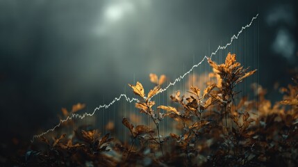 a data visualization graphic with an upward trend, overlaid on a subtle, moody autumn background. re