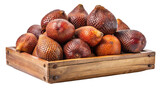 A wooden crate filled with ripe red and brown salak snake fruit a tropical delicacy isolated on transparent background