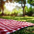 © Jaynal - Red and white checkered picnic blanket on green grass in a sunny park