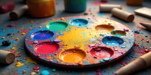 Wall Mural - A vibrant paint palette overflowing with color, surrounded by art supplies, signifying the passionate explosion of creative energy , craft, bright, imagination