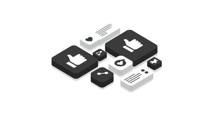 Minimalist isometric social media icons set featuring like and share symbols
