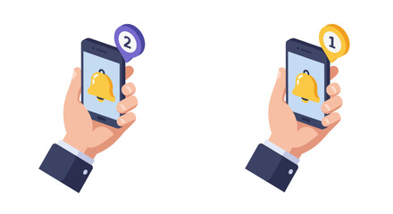 Smartphone notification concept with hands holding phones and alert icons