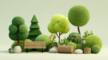 Charming miniature garden with a wooden bench and diverse green trees and shrubs