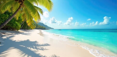 Wall Mural - Sun-drenched beach scene, turquoise water lapping gently at the shore, soft white sand, tropical paradise feeling, perfect summer getaway Ideal for travel, vacation, and holiday themes , serene, sea
