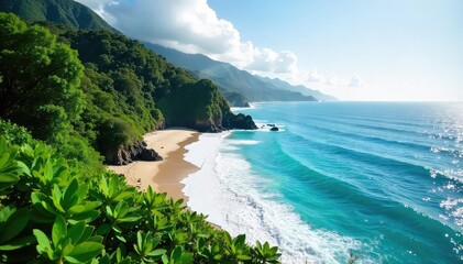 Wall Mural - Sun-drenched Costa Rican coastline, lush green jungle meeting turquoise ocean waves Perfect for travel, vacation, or nature-themed projects Idyllic tropical paradise scene , peaceful, travel, unwind