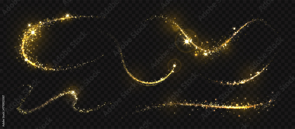 Gold light trail. Golden glitter magic effect, shining line swirl with ...