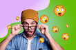 © deagreez - Collage of person surrounded by floating emoji icons expressing fun and different emotions happy joy angry oops lol