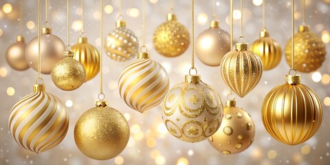 Elegant golden christmas ornament collection with bokeh lights, perfect for adding a touch of luxury to your designs