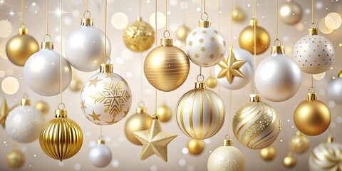 Elegant christmas background with gold and white ornaments hanging against a bokeh light backdrop