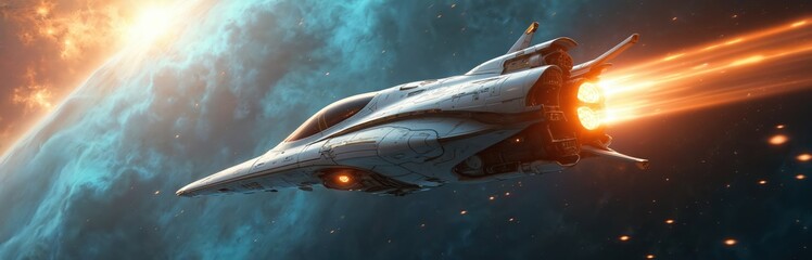 Wall Mural - Futuristic spaceship speeds through colorful nebula with glowing engines. Cosmic travel and exploration theme. Spacecraft with bright exhaust trails in deep space near planet or star.