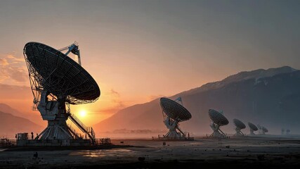 Radio telescope array with mountains in the background at sunset or sunrise, 4k video