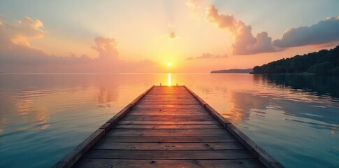 Wall Mural - Tranquil scene of a wooden dock extending over calm water towards a peaceful shore, bathed in the soft light of sunrise or sunset  Ideal for travel, nature, serenity themes , sky, panorama