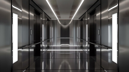 A modern elevator corridor featuring sleek stainless steel surfaces, bright lighting, and a minimalist, futuristic design.