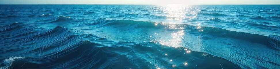 Wall Mural - Vast expanse of deep blue ocean water, sun reflecting on the surface, gentle waves rolling in Perfect for travel, nature, and environmental themes , texture, pattern, aquatic