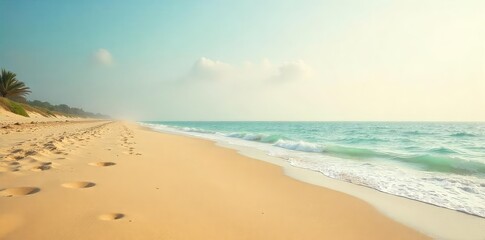 Wall Mural - Vast, tranquil seashore stretching to the hazy horizon  Golden sand meets serene ocean under a pale sky  Perfect for travel, nature, and coastal themes ,  panoramic,  calm,  landscape