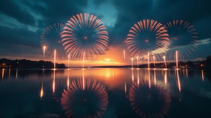 Aerial display of colorful fireworks exploding in the dark sky above a serene lake, perfect for nighttime events or celebrations