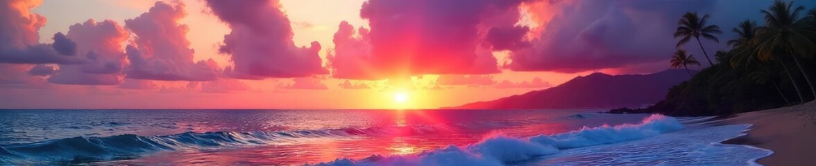 Wall Mural - Vibrant Hawaiian sunset paints the sky with fiery oranges, pinks, and purples, reflecting on calm ocean waves  A breathtaking tropical scene, perfect for travel or nature imagery , waves, calm