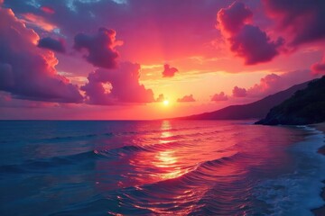 Wall Mural - Vibrant Hawaiian sunset paints the sky with fiery oranges, pinks, and purples, reflecting on the calm ocean Perfect for travel, vacation, and tropical themes , horizon, color, clouds