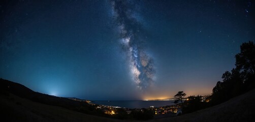 Wall Mural - Milky Way over coastal town in night sky. Stars shine over city. Night landscape with mountains, sea, and buildings. Beautiful cosmic dark sky with bright constellations.