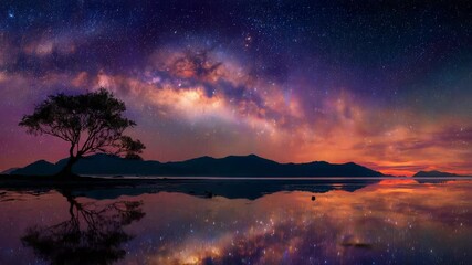 Milky way galaxy glowing over mountain range starry night sky with vibrant purple and orange colors reflection on calm lake scenic nature landscape astrophotography long exposure